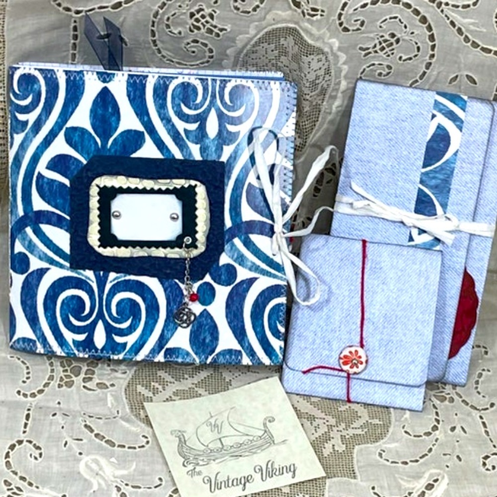 Junk journal, Blue White Scrollwork interactive treasure book ephemera folder